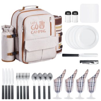 Picnic Backpack, Beach Picnic Backpack Bag for 4 Person with Insulated Cooler Compartment, Detachable Bottle/ Holder, Lightweight Blanket, Plates & Cutlery Set for Outdoor, Hiking, Camping