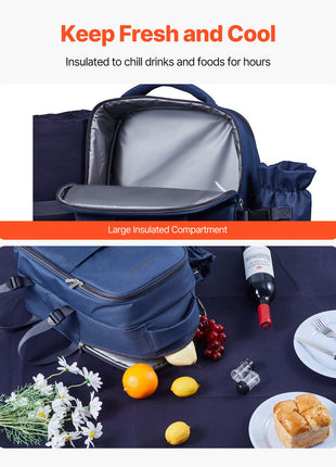 Picnic Backpack, Beach Picnic Backpack Bag for 2 Person with Insulated Cooler Compartment, Detachable Bottle/ Holder, Lightweight Blanket, Plates & Cutlery Set for Hiking, Camping, Navy Blue