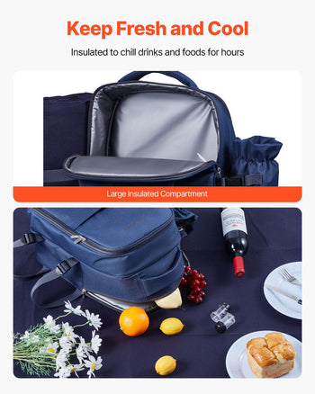 Picnic Backpack, Beach Picnic Backpack Bag for 2 Person with Insulated Cooler Compartment, Detachable Bottle/ Holder, Lightweight Blanket, Plates & Cutlery Set for Hiking, Camping, Navy Blue