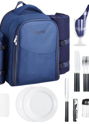 Picnic Backpack, Beach Picnic Backpack Bag for 2 Person with Insulated Cooler Compartment, Detachable Bottle/ Holder, Lightweight Blanket, Plates & Cutlery Set for Hiking, Camping, Navy Blue