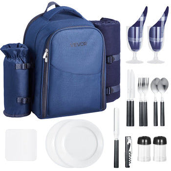 Picnic Backpack, Beach Picnic Backpack Bag for 2 Person with Insulated Cooler Compartment, Detachable Bottle/ Holder, Lightweight Blanket, Plates & Cutlery Set for Hiking, Camping, Navy Blue