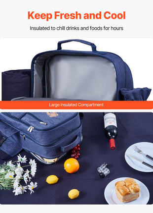 Picnic Backpack, Beach Picnic Backpack Bag for 4 Person with Insulated Cooler Compartment, Detachable Bottle/ Holder, Lightweight Blanket, Plates and Cutlery Set for Outdoor, Navy Blue