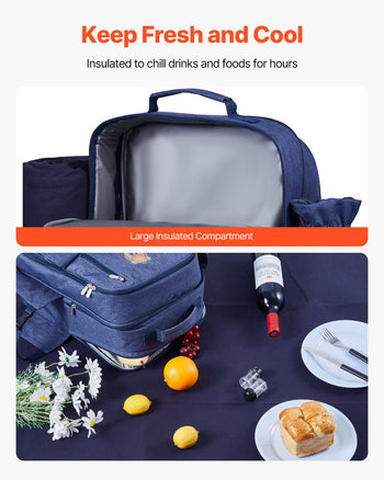 Picnic Backpack, Beach Picnic Backpack Bag for 4 Person with Insulated Cooler Compartment, Detachable Bottle/ Holder, Lightweight Blanket, Plates and Cutlery Set for Outdoor, Navy Blue
