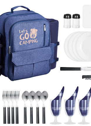 Picnic Backpack, Beach Picnic Backpack Bag for 4 Person with Insulated Cooler Compartment, Detachable Bottle/ Holder, Lightweight Blanket, Plates and Cutlery Set for Outdoor, Navy Blue