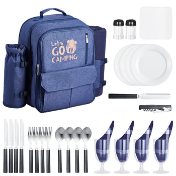 Picnic Backpack, Beach Picnic Backpack Bag for 4 Person with Insulated Cooler Compartment, Detachable Bottle/ Holder, Lightweight Blanket, Plates and Cutlery Set for Outdoor, Navy Blue