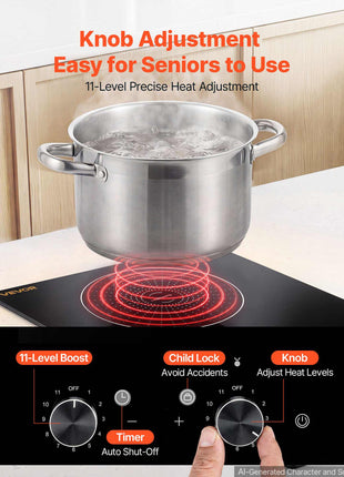 Induction Cooktop 12in 2 Burners Built-in Electric Stove 220V 3500W, Low-Power Continuous Heating, Induction Burner for Kitchen, 11 Power Levels, Knob Control, Ceramic Glass, and Child Lock