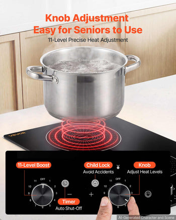 Induction Cooktop 12in 2 Burners Built-in Electric Stove 220V 3500W, Low-Power Continuous Heating, Induction Burner for Kitchen, 11 Power Levels, Knob Control, Ceramic Glass, and Child Lock