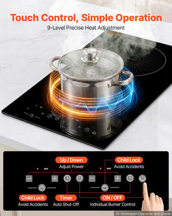 Induction Cooktop 12in 2 Burners Built-in Electric Stove 110V 1800W, Low-Power Continuous Heating, Countertop Induction Burner, 9 Power Levels, LED Touch Screen, Ceramic Glass, and Child Lock