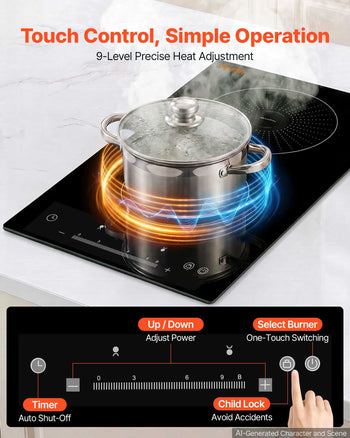 Induction Cooktop 12in 2 Burners Built-in Electric Stove 110V 1800W, Low-Power Continuous Heating, Countertop Induction Burner, 9 Power Levels, LED Touch Screen, Ceramic Glass, and Child Lock