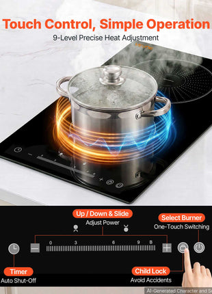 Induction Cooktop 12in 2 Burners Built-in Electric Stove 220V 3500W, Low-Power Continuous Heating, Induction Burner for Kitchen, 9 Power Levels, LED Touch Screen, Ceramic Glass, and Child Lock