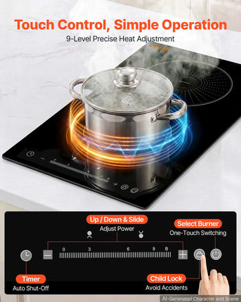 Induction Cooktop 12in 2 Burners Built-in Electric Stove 220V 3500W, Low-Power Continuous Heating, Induction Burner for Kitchen, 9 Power Levels, LED Touch Screen, Ceramic Glass, and Child Lock