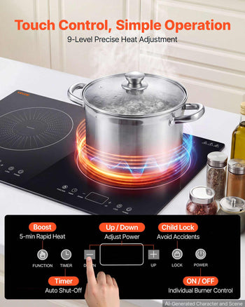 Induction Cooktop 24in 2 Burners Built-in Electric Stove 110V 1800W, Low-Power Continuous Heating, Countertop Induction Burner, 9 Power Levels, LED Touch Screen, Ceramic Glass, and Child Lock