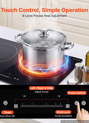 Induction Cooktop 24inch 2 Burners Built-in Electric Stove 110V 1800W, Low-Power Continuous Heating, Induction Burner, with 9 Power Levels, LED Touch Screen, and Child Lock, for Kitchen, RV