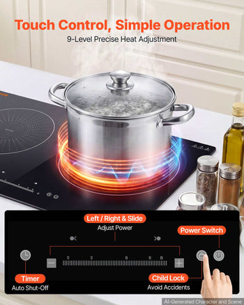 Induction Cooktop 24inch 2 Burners Built-in Electric Stove 110V 1800W, Low-Power Continuous Heating, Induction Burner, with 9 Power Levels, LED Touch Screen, and Child Lock, for Kitchen, RV