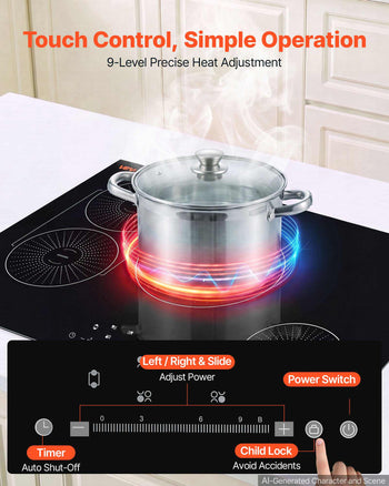Induction Cooktop 30inch 4 Burners Built-in Electric Stove 220V 7500W, Low-Power Continuous Heating, Induction Burner for Kitchen, with 9 Power Levels, LED Touch Screen, and Child Lock