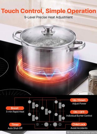 Induction Cooktop 30in 5 Burners Built-in Electric Stove 220V 9200W, Low-Power Continuous Heating, Induction Burner for Kitchen, 9 Power Levels, LED Touch Screen, Ceramic Glass, and Child Lock