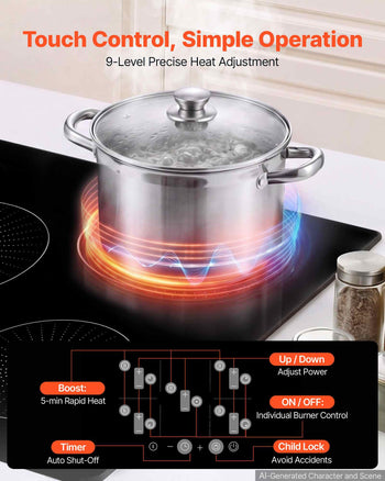 Induction Cooktop 30in 5 Burners Built-in Electric Stove 220V 9200W, Low-Power Continuous Heating, Induction Burner for Kitchen, 9 Power Levels, LED Touch Screen, Ceramic Glass, and Child Lock