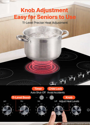 Induction Cooktop 30in 5 Burners Built-in Electric Stove 220V 9200W, Low-Power Continuous Heating, Induction Burner for Kitchen, 11 Power Levels, Knob Control, Ceramic Glass, and Child Lock