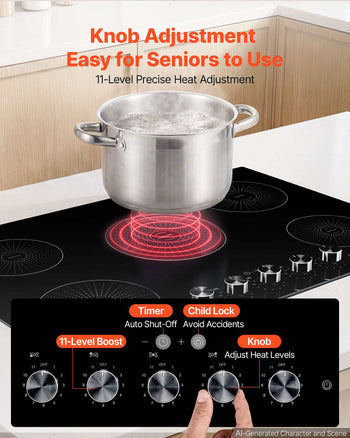 Induction Cooktop 30in 5 Burners Built-in Electric Stove 220V 9200W, Low-Power Continuous Heating, Induction Burner for Kitchen, 11 Power Levels, Knob Control, Ceramic Glass, and Child Lock