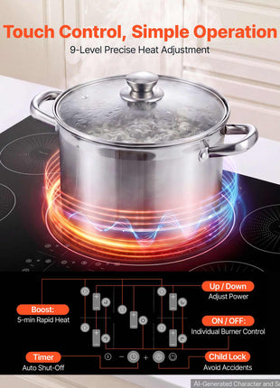 Induction Cooktop 36in 5 Burners Built-in Electric Stove 220V 9200W, Low-Power Continuous Heating, Induction Burner for Kitchen, 9 Power Levels, LED Touch Screen, Ceramic Glass, and Child Lock