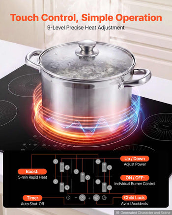 Induction Cooktop 36in 5 Burners Built-in Electric Stove 220V 9200W, Low-Power Continuous Heating, Induction Burner for Kitchen, 9 Power Levels, LED Touch Screen, Ceramic Glass, and Child Lock