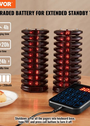 Restaurant Pager System, Wireless 500m Long Range Lineup Waiting Queue Signal, Guest Customer Calling Beepers with Vibration & Flashing, 20 Buzzers for Food Truck, Church, Nursery, Hospital