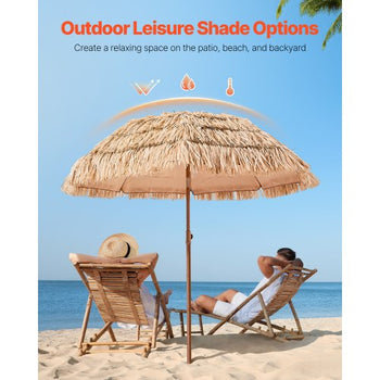 Tiki Umbrella, 6.5 ft Thatched Patio Umbrella with Tilt, Hawaiian Style Beach Parasol with Durable PP Thatch and 8 Metal Ribs, Grass Pool Umbrellas for Beach, Patio, Poolside, Backyard & Garden