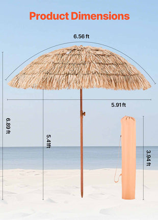 Tiki Umbrella, 6.5 ft Thatched Patio Umbrella with Tilt, Hawaiian Style Beach Parasol with Durable PP Thatch and 8 Metal Ribs, Grass Pool Umbrellas for Beach, Patio, Poolside, Backyard & Garden