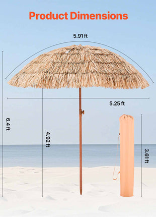 Tiki Umbrella, 6 ft Thatched Patio Umbrella with Tilt, Hawaiian Style Beach Parasol with Durable PP Thatch and 8 Metal Ribs, Grass Pool Umbrellas for Beach, Patio, Poolside, Backyard & Garden
