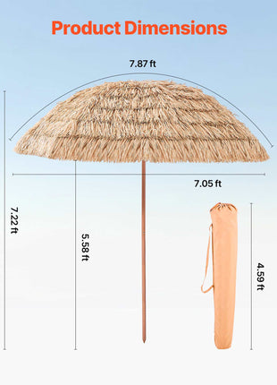 Tiki Umbrella, 8 ft Thatched Patio Umbrella with Tilt, Hawaiian Style Beach Parasol with Durable PP Thatch and 8 Metal Ribs, Grass Pool Umbrellas for Beach, Patio, Poolside, Backyard & Garden