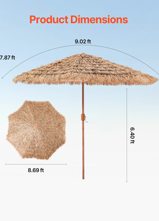 Tiki Umbrella, 9 ft Thatched Patio Umbrella with Tilt, Hawaiian Style Beach Parasol with Durable PP Thatch and 8 Metal Ribs, Grass Pool Umbrellas for Beach, Patio, Poolside, Backyard & Garden