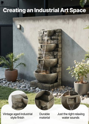 Outdoor Water Fountain, 35.63 in Height Fountain and Waterfall, 4-Tier Floor Standing Cascading Fountains with LED Light and Pump, Block Stack Style, for Outdoor Indoor Garden, Patio & Backyard