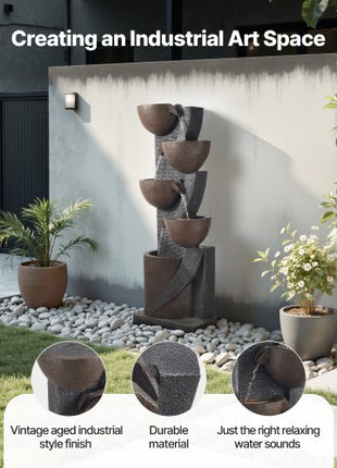 Outdoor Water Fountain, 49.61 in Height Fountain and Waterfall, 5-Tier Floor Standing Jar-Shaped Cascading Fountains with LED Light and Pump, for Outdoor Indoor Garden, Home, Patio & Backyard