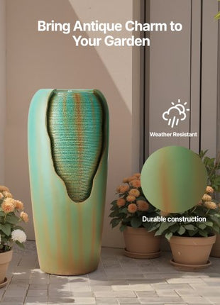 Outdoor Water Fountain, 30.71 in Height Fountain and Waterfall, 1-Tier Floor Standing Glazed Jar Style Fountains with LED Light and Pump, for Outdoor Indoor Garden, Home, Patio & Yard (Green)