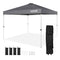 Gray pop-up tent with steel frame, includes carrying bag, stakes, and ropes for stability. Perfect for outdoor events.