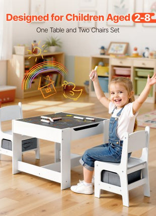 Kids Table and 2 Chairs Set, Toddler Table and Chair Set with Storage Space under the Table, Cloth Storage Box under the Chairs, Wooden Desk for Art, Craft, Reading, Learning, Drawing, White