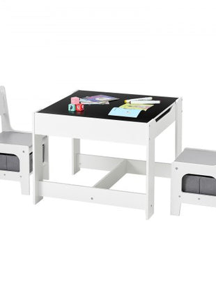 Kids Table and 2 Chairs Set, Toddler Table and Chair Set with Storage Space under the Table, Cloth Storage Box under the Chairs, Wooden Desk for Art, Craft, Reading, Learning, Drawing, White