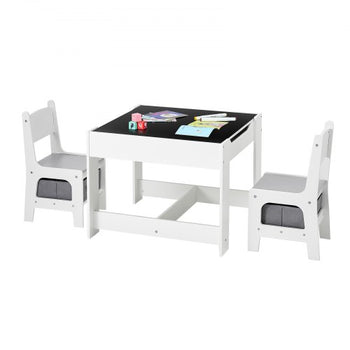 Kids Table and 2 Chairs Set, Toddler Table and Chair Set with Storage Space under the Table, Cloth Storage Box under the Chairs, Wooden Desk for Art, Craft, Reading, Learning, Drawing, White