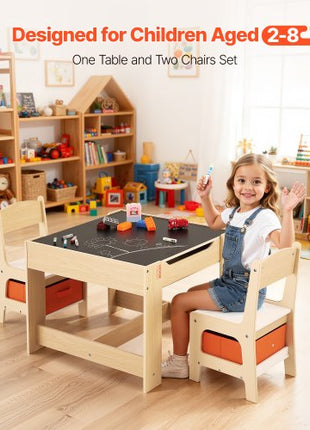 Kids Table and 2 Chairs Set, Toddler Table and Chair Set with Storage Space under the Table, Cloth Storage Box under the Chairs, Wooden Desk for Art, Craft, Reading, Learning, Drawing, Burlywood