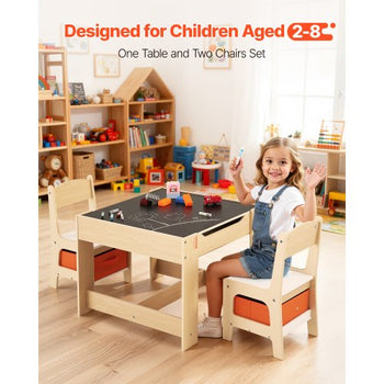 Kids Table and 2 Chairs Set, Toddler Table and Chair Set with Storage Space under the Table, Cloth Storage Box under the Chairs, Wooden Desk for Art, Craft, Reading, Learning, Drawing, Burlywood