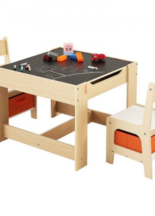 Kids Table and 2 Chairs Set, Toddler Table and Chair Set with Storage Space under the Table, Cloth Storage Box under the Chairs, Wooden Desk for Art, Craft, Reading, Learning, Drawing, Burlywood