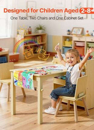 Kids Art Table and Chair Set, Toddler Craft Table with 3 Tiers Storage Cabinet, Wooden Kids Activity Play Desk with 2 Chairs, Craft Play Desk for Reading, Learning, Drawing, Writing, Light Wood