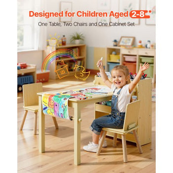 Kids Art Table and Chair Set, Toddler Craft Table with 3 Tiers Storage Cabinet, Wooden Kids Activity Play Desk with 2 Chairs, Craft Play Desk for Reading, Learning, Drawing, Writing, Light Wood