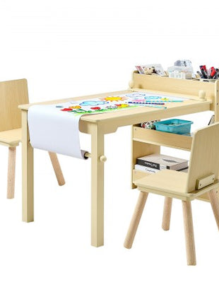 Kids Art Table and Chair Set, Toddler Craft Table with 3 Tiers Storage Cabinet, Wooden Kids Activity Play Desk with 2 Chairs, Craft Play Desk for Reading, Learning, Drawing, Writing, Light Wood