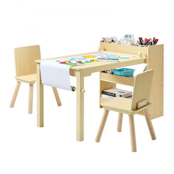 Kids Art Table and Chair Set, Toddler Craft Table with 3 Tiers Storage Cabinet, Wooden Kids Activity Play Desk with 2 Chairs, Craft Play Desk for Reading, Learning, Drawing, Writing, Light Wood