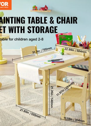 Kids Art Table and 2 Chairs, 2-in-1 Toddler Craft and Play Activity Table, Wood Toddler Table and Chair Set with A Cabinet for Art, Craft, Reading, Learning