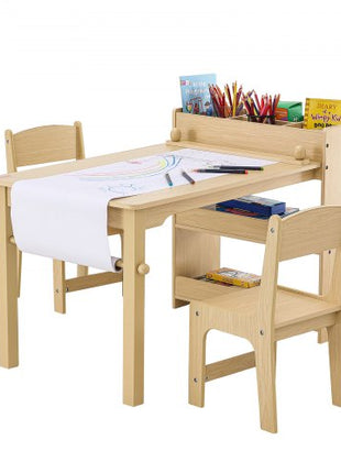 Kids Art Table and 2 Chairs, 2-in-1 Toddler Craft and Play Activity Table, Wood Toddler Table and Chair Set with A Cabinet for Art, Craft, Reading, Learning