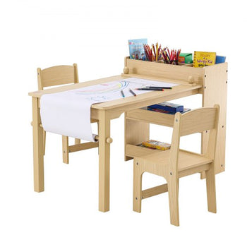 Kids Art Table and 2 Chairs, 2-in-1 Toddler Craft and Play Activity Table, Wood Toddler Table and Chair Set with A Cabinet for Art, Craft, Reading, Learning