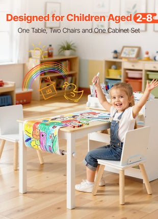 Kids Art Table and Chair Set, Toddler Craft Table with 3 Tiers Storage Cabinet, Wooden Kids Activity Play Desk with 2 Chairs, Art Craft Play Desk for Reading, Learning, Drawing, Writing, White