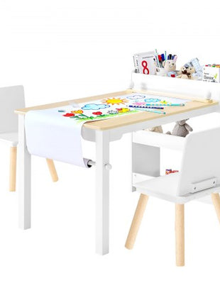 Kids Art Table and Chair Set, Toddler Craft Table with 3 Tiers Storage Cabinet, Wooden Kids Activity Play Desk with 2 Chairs, Art Craft Play Desk for Reading, Learning, Drawing, Writing, White